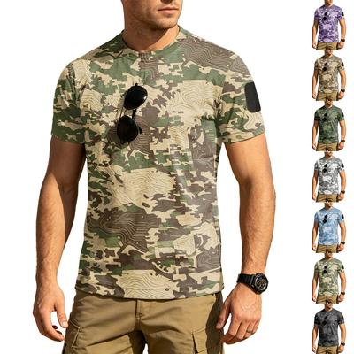 Men Tactical Short Sleeve T Shirt Loose Fit Round Neck Camouflage Print Velcro Patch Breathable Quick Dry Outdoor Top