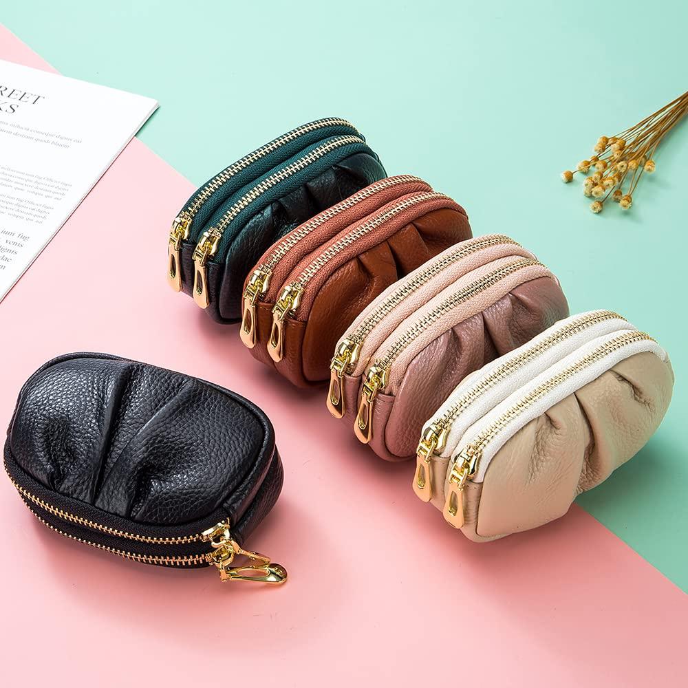 Yocipa Genuine Leather Double Zipper Coin Case, Women's Mini Wallet, Multifunctional Storage Pouch, Small Leather Compact Accessory Pouch,