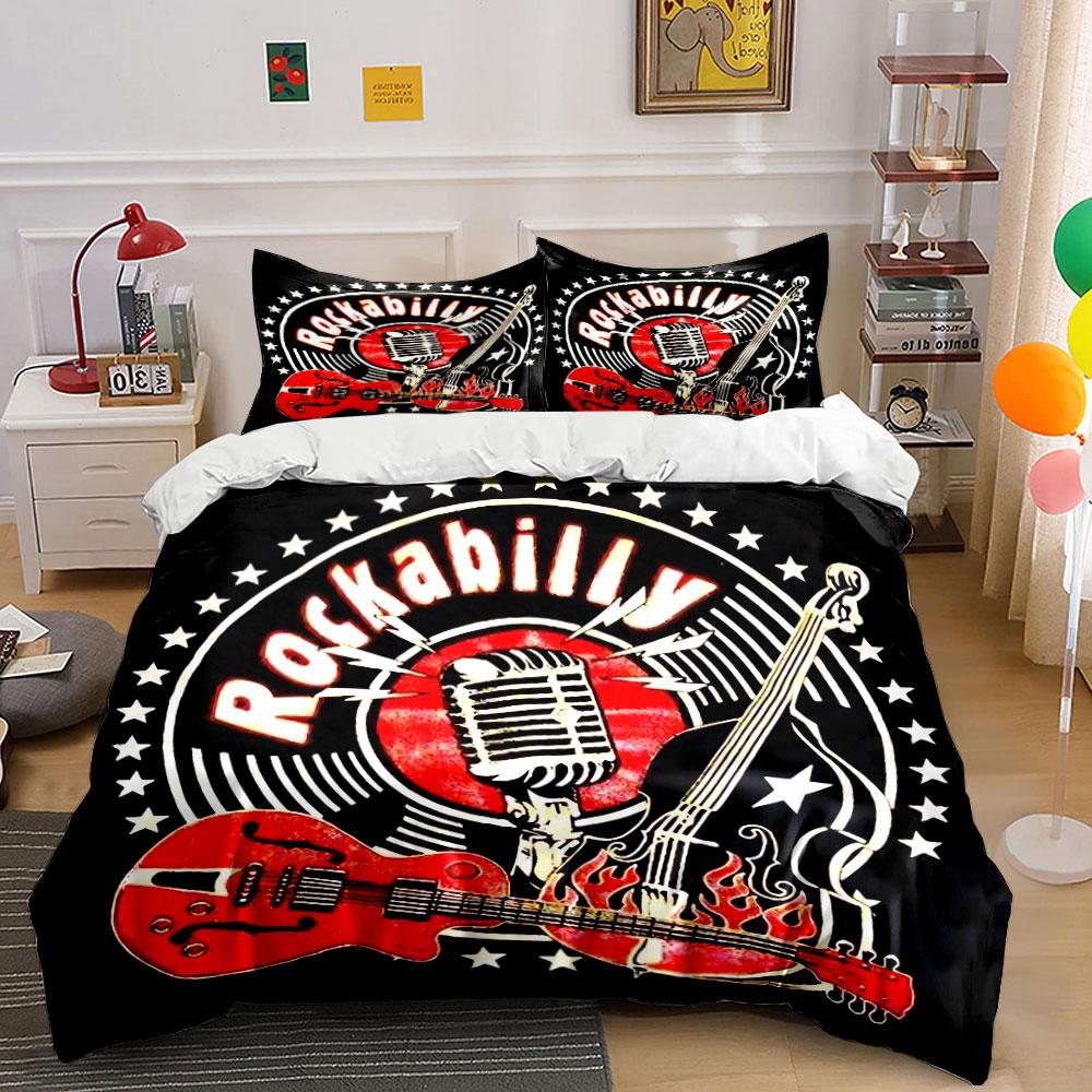 Rockabilly Music Retro Design Bedding Duvet Cover Set Duvet Cover Pillowcases (1*Duvet Cover 2*Pillowcases, without duvet insert)
