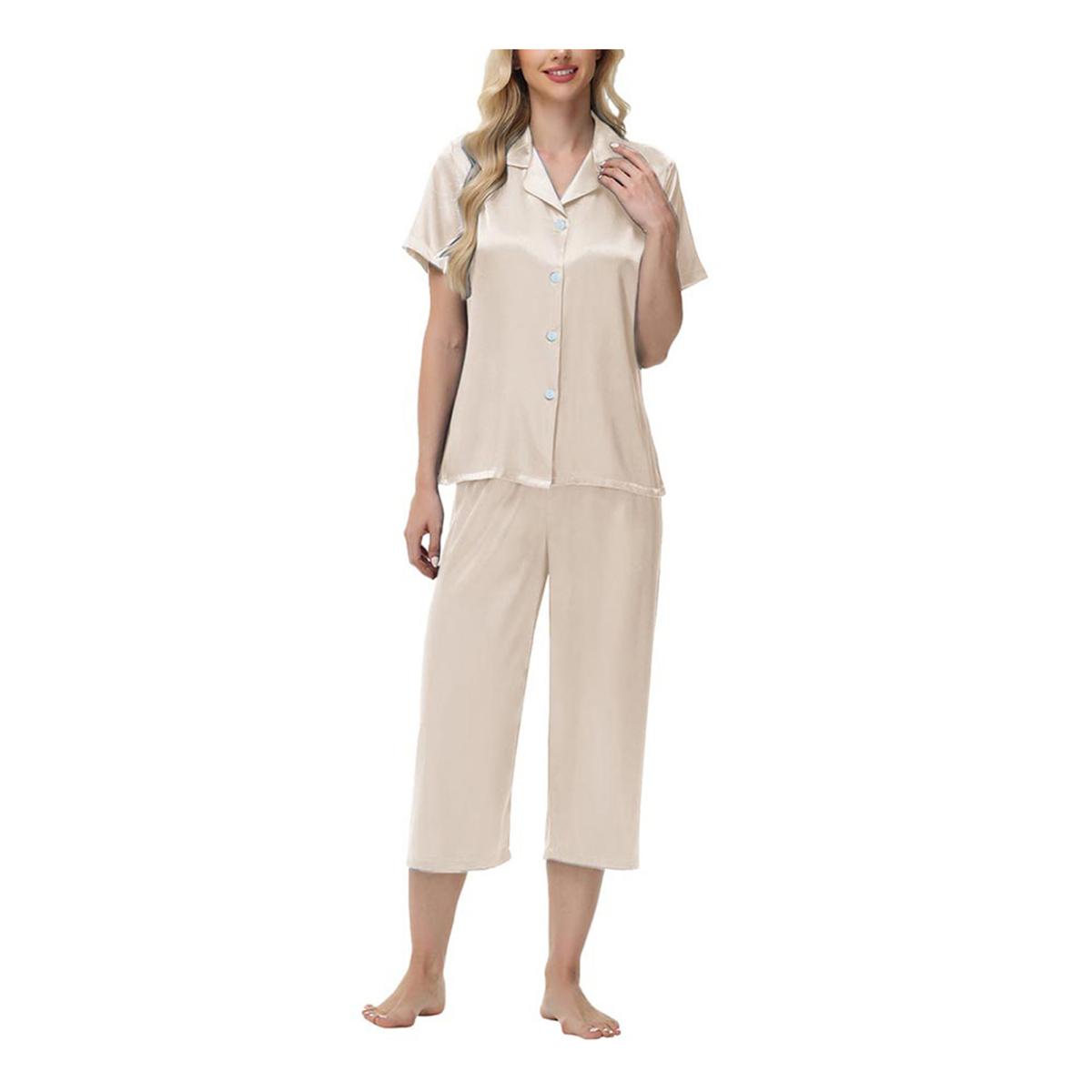 

2 шт./комплект пижамы Ice Silk, рубашка с длинным рукавом и застежкой на пуговицы, эластичный пояс, широкие укороченные брюки, домашняя одежда, повседневный наряд, весенняя одежда для сна S шампанского