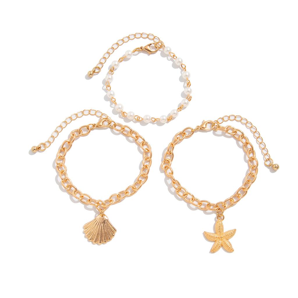 3Pcs Boho Scallop Starfish Pendant Bracelet for Women Imitation Pearl Beaded Bracelet Multilayer Chunky Chain Bangle