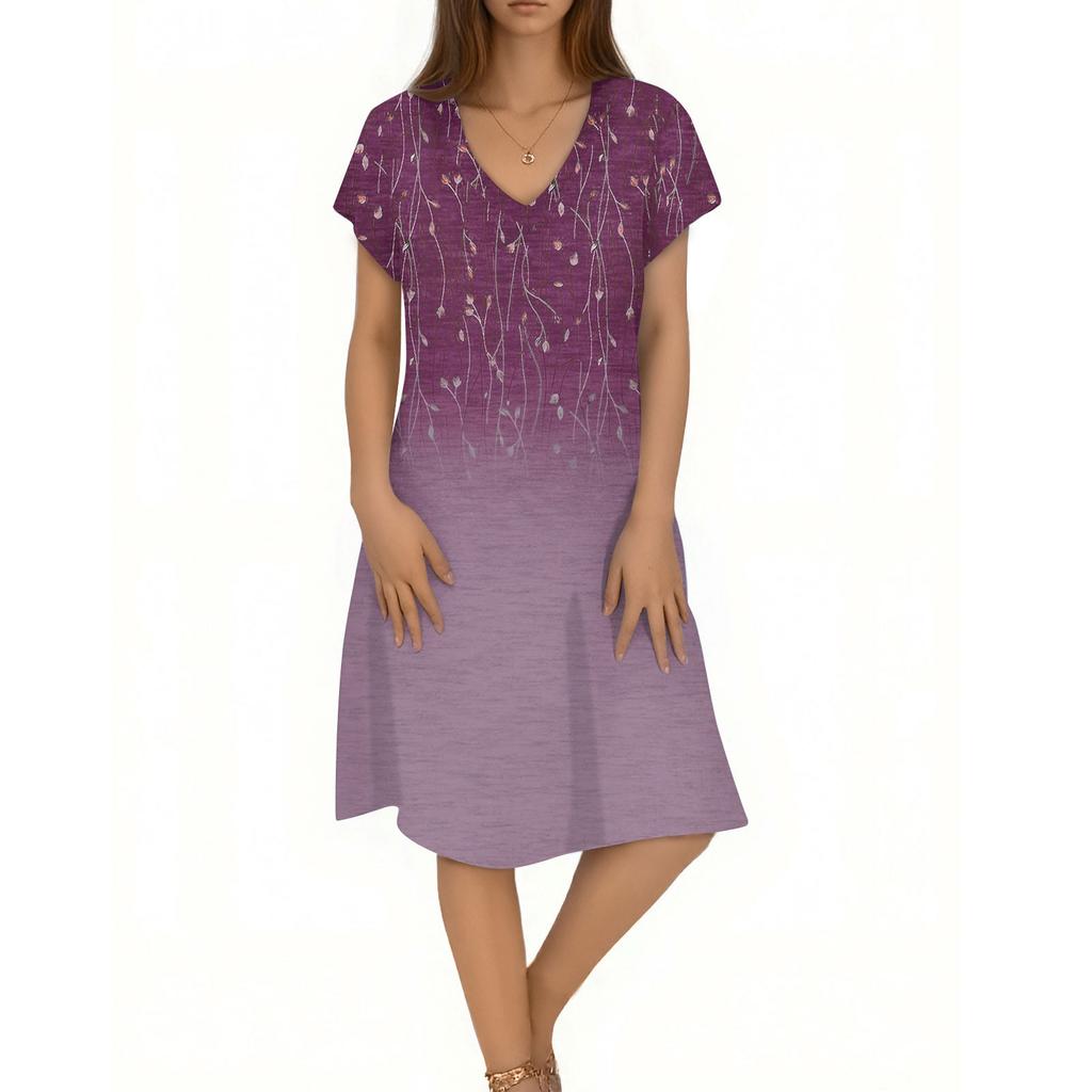 Women's Casual Fashion V-Neck Short Sleeve Floral Print Midi Flowing Dress
