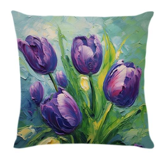 Tulip Oil Painting Print Home Decor Pillowcase Bedroom Living Room Sofa Decoration Polyester Cushion Cover With Zipper