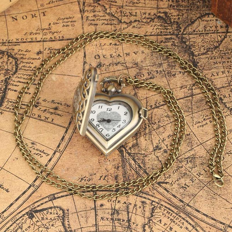Romantic Heart Shape Quartz Pocket Watch Bronze/Silver/Black Necklace Pendant Chain Ladies Watch Souvenir Gifts for Girls Women