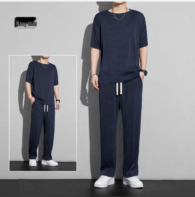 

Мужской спортивный костюм из ледяного шелка 2023: Быстросохнущий летний повседневный комплект с длинными брюками и футболкой с коротким рукавом M