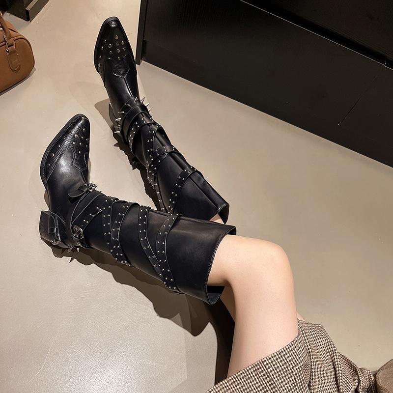 New Style Fashion Women's Designer Vintage Rivet Women Western Cowgirl Boots Autumn Winter Ladies Elegant Knight Long Boots