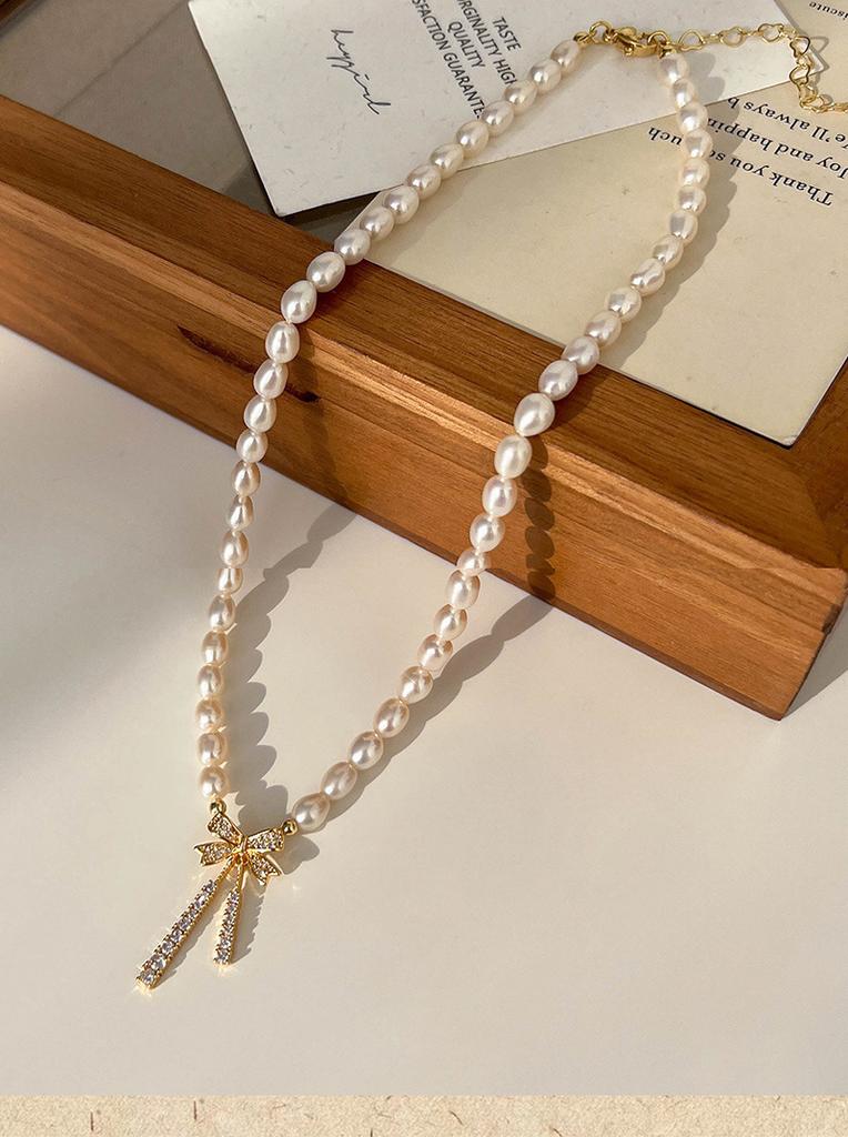 Elegant Rice Freshwater Pearl CZ Zircon Bowknot Beaded Pendant Necklaces for Women 18K Real Gold Copper Chain Chokers