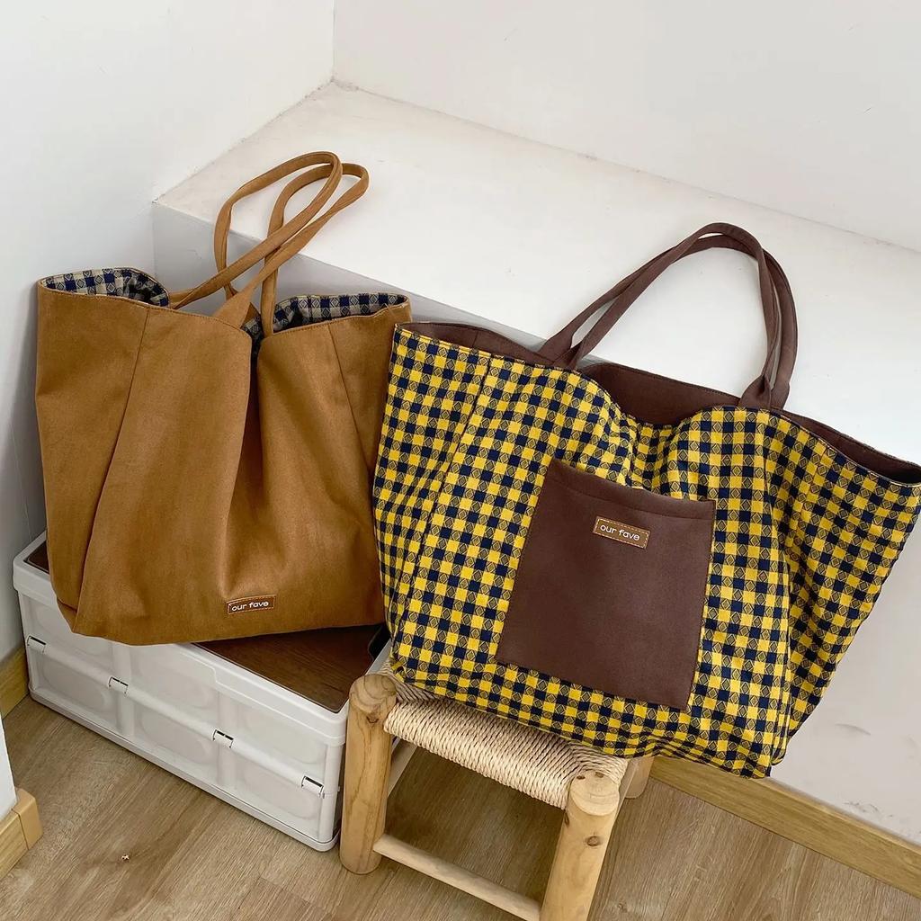 Double-sided Classic Suede Tote Bag for Women Retro Plaid Female Large Shoulder Bags Fall Winter Design Travel Pocket Handbags