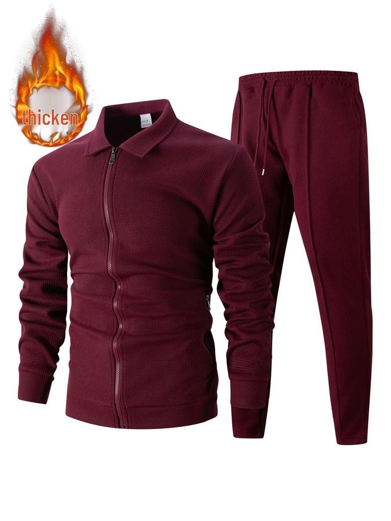 2025 Men's Slim Fit Cardigan Jacket Set with Waffle Knit, Zipper Pocket, and Lapel Collar for Spring and Autumn