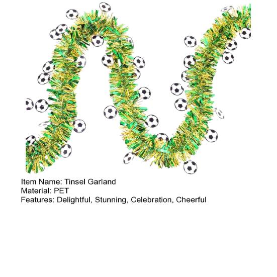 78.7" Soccer Tinsel Garland, Green And Gold Football Party Decoration with Soccer Cutouts for Event, Fan Cheering, Sports Birthday Party Supplies