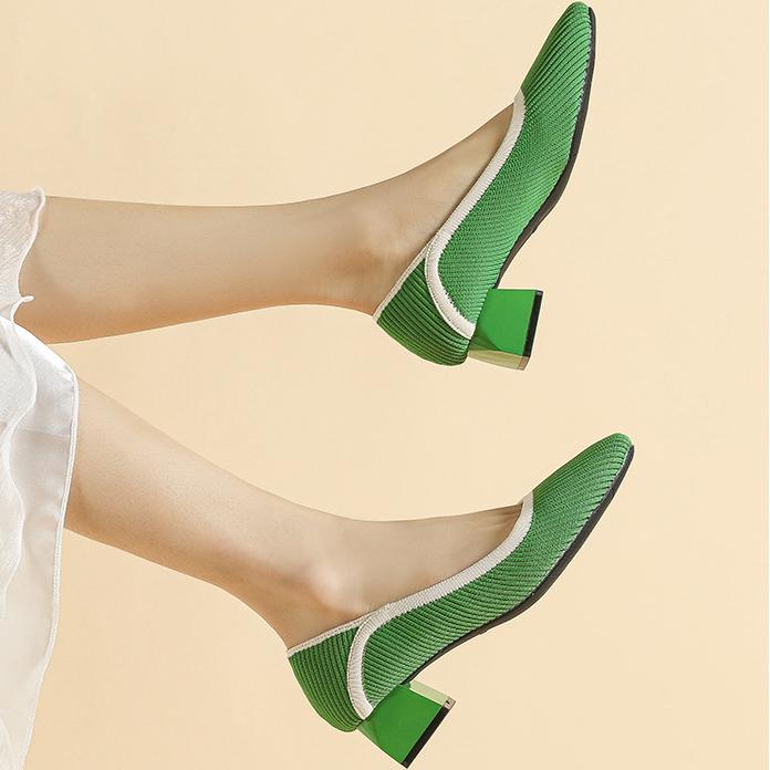 Heels for Women Knit Pump Shoes Low Heel Womens Dress Shoes Work Office Square Toe Casual Business Chunky Heels Slip On Dressy Heels for Women