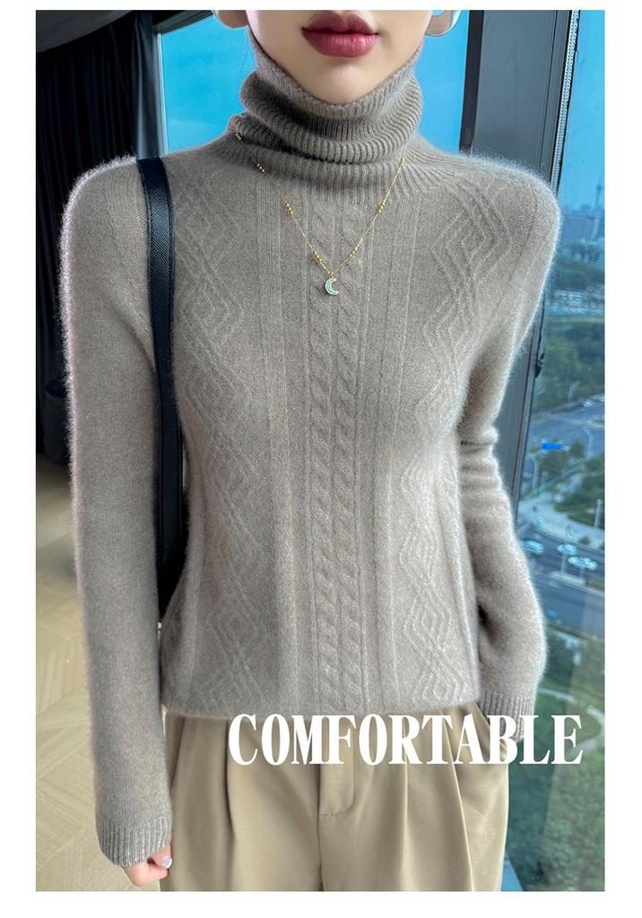Women's High Neck Cable Knit Wool Sweater - Slimming Long Sleeve Cashmere Top