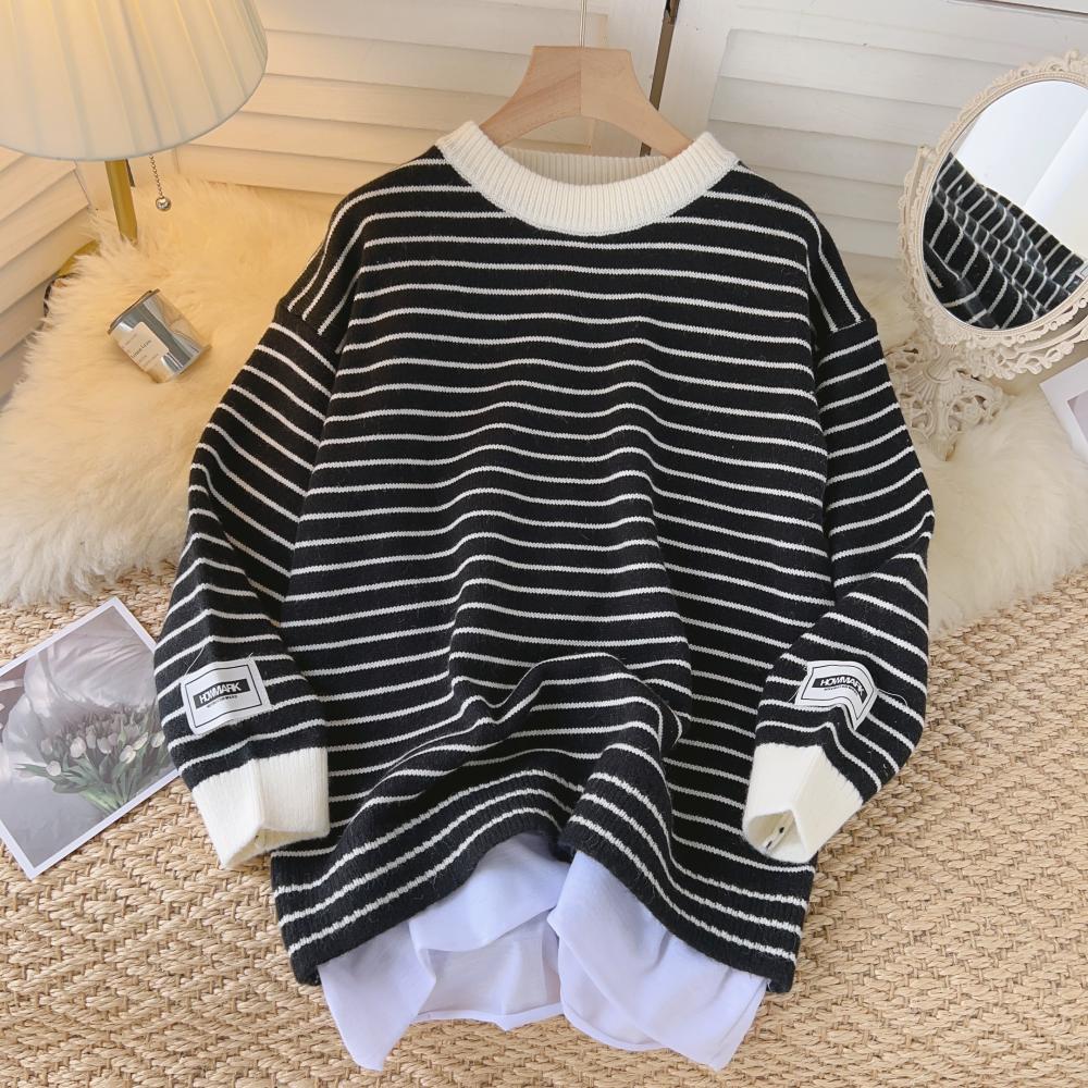 

Осенне-зимний коллизионный полосатый сращивание ложных двух частей, свободный вязаный свитер с круглым вырезом и ленивым ветром