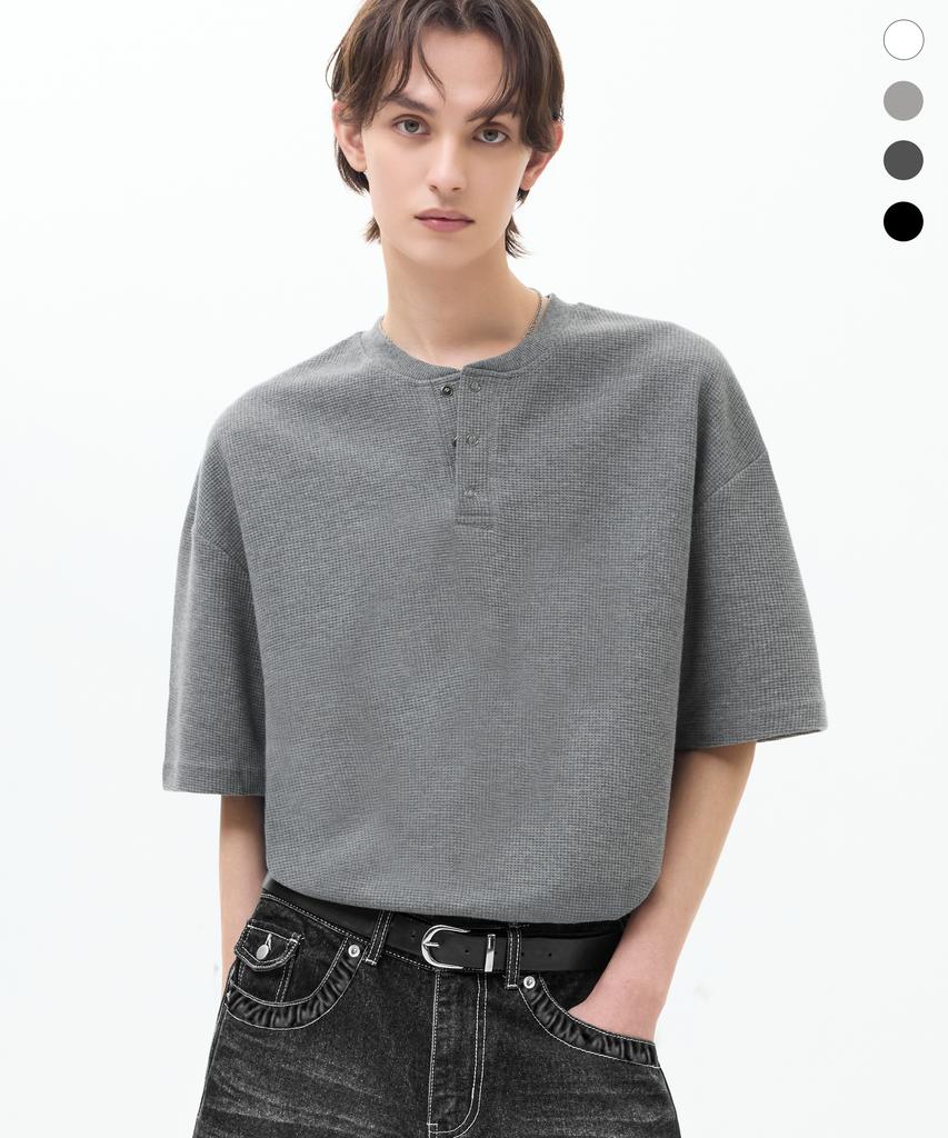 TRILLION Waffle Ring Snap Henley Neck Half Sleeve_4Color