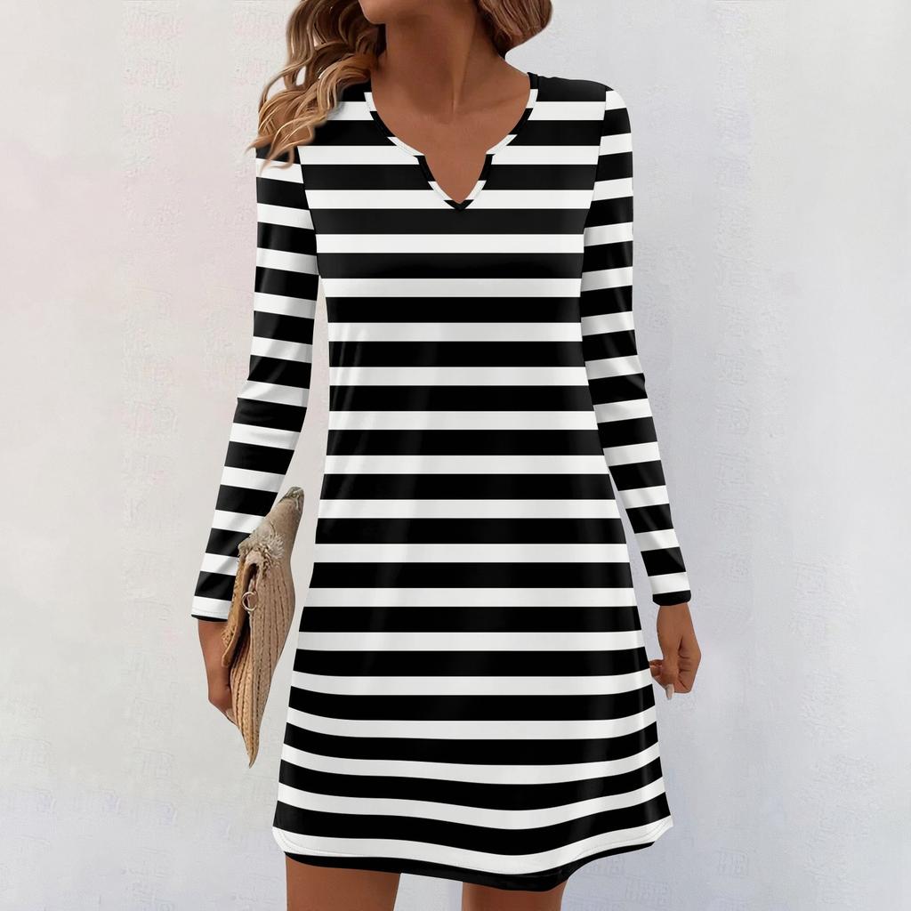Women's Long-sleeved Casual Midi Dresses V-Neck Print  Casual Dress