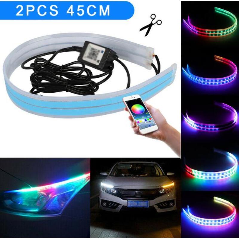 2pcs Car Sequential Flowing RGB Daytime Running Light DRL APP Multi Color Light Strip Turn Signal