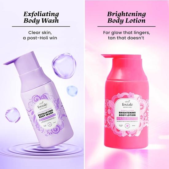 Foxtale Holi Aftercare Combo | Exfoliating Body Wash with 2% Salicylic Acid & Zinc PCA for Body Acne | Skin Radiance Mask with Brazilian Purple Clay