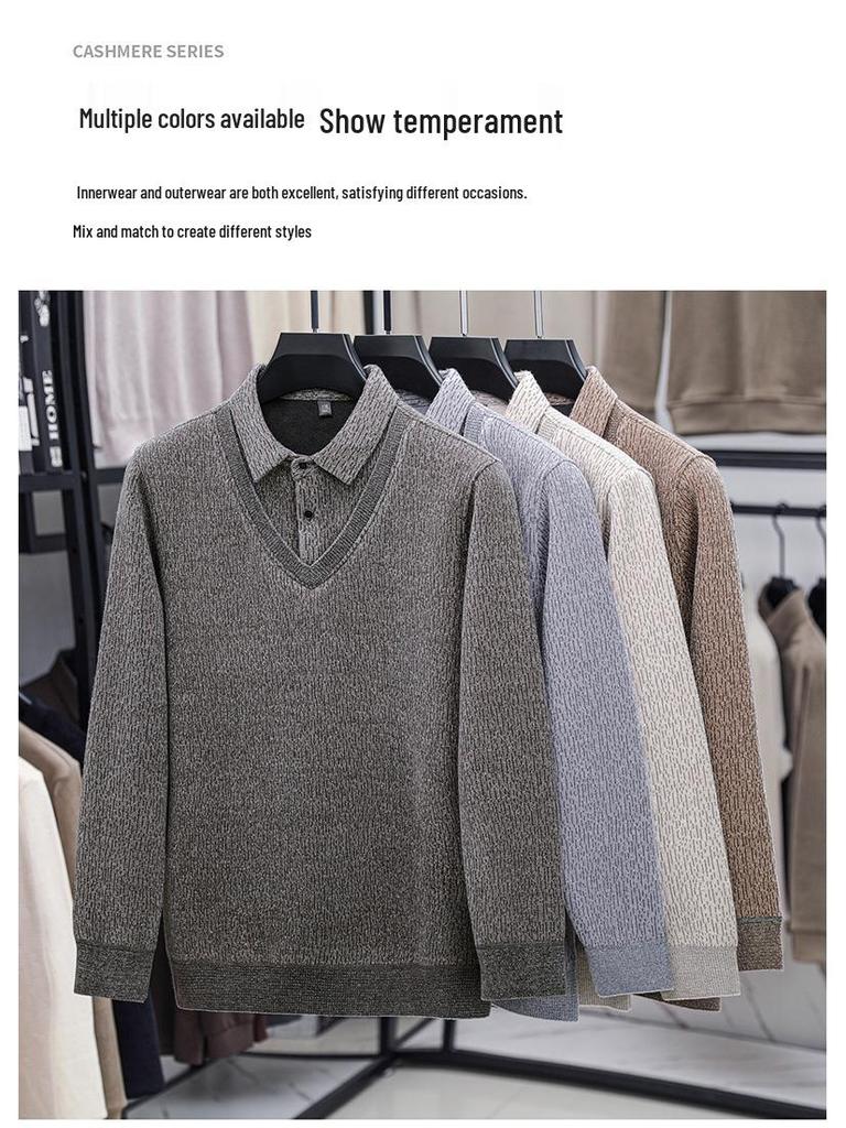 Men's Thick Fleece-Lined Knitwear: Two-Piece Look, Autumn/Winter Style for Middle-Aged & Young Casual Wear.