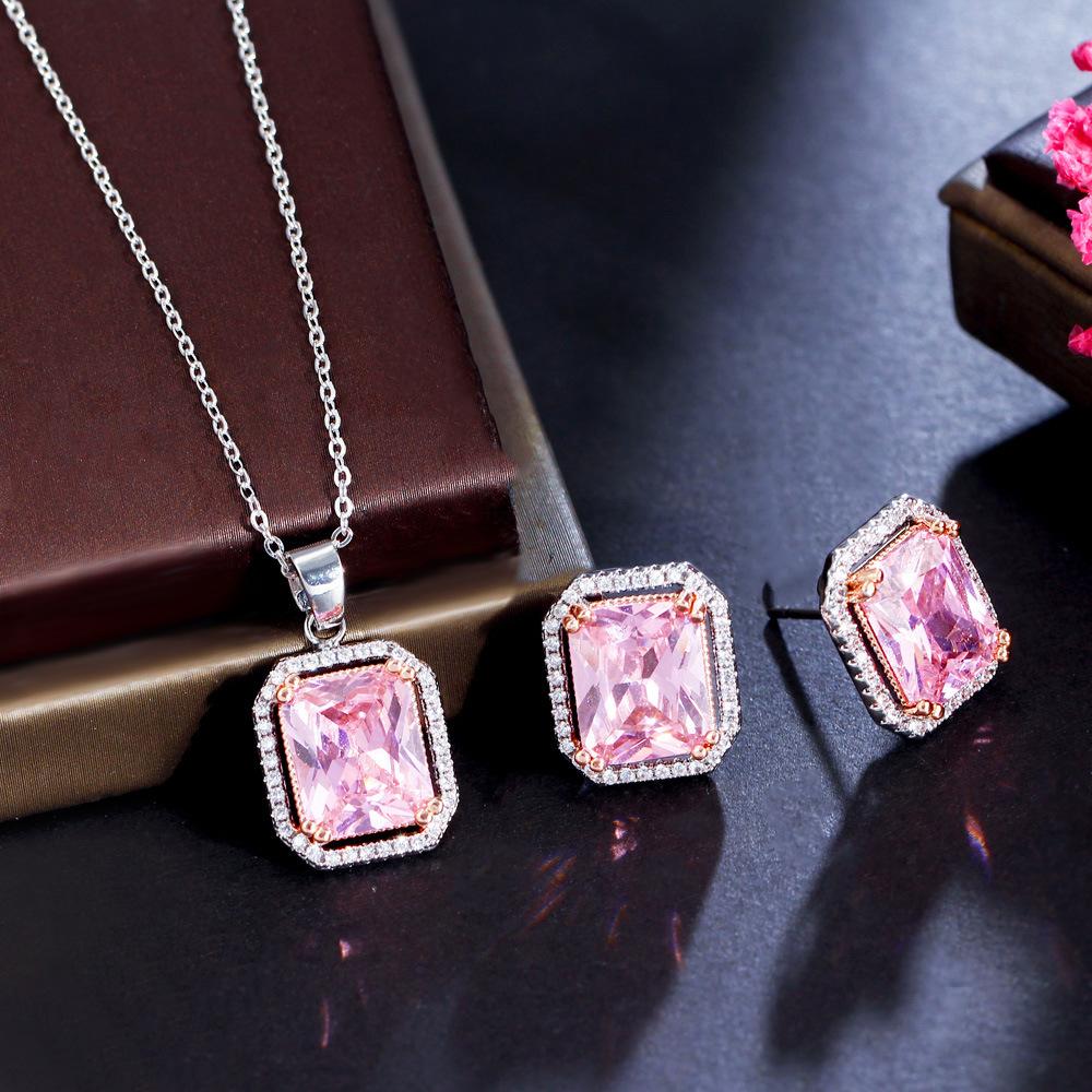 Bright Princess Pink Long Square Diamond Set Chain Electroplating Two-Color Zircon Necklace Earrings Square Diamond Color Treasure Set