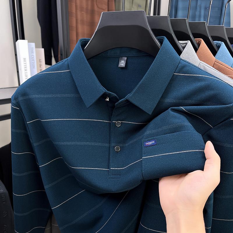 

2025 Long Sleeved Men S Spring And Autumn Collar Striped Pullover Top With Loose Pockets Polo Shirt 4XL
