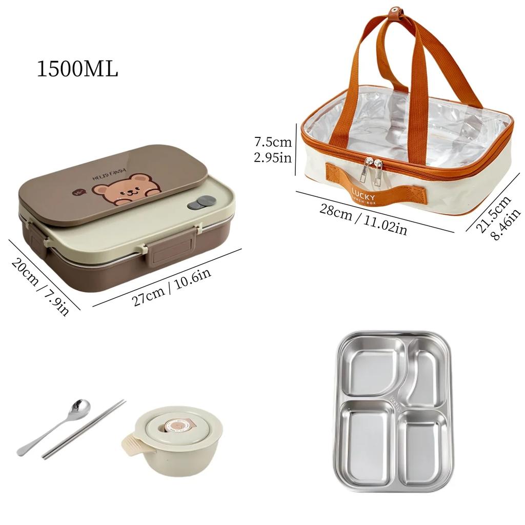 304 Stainless Steel Bento Box with Bowl Cutlery Large Capacity Divided Food Storage Container Sealed Lunchbox for Kids School
