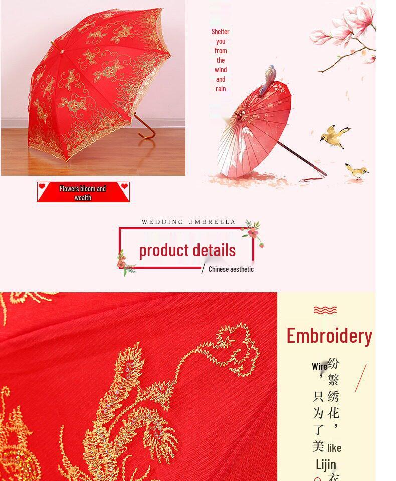 Elegance Red Wedding Lace Umbrella: Long Handle, Sun & Rain Protection for Brides