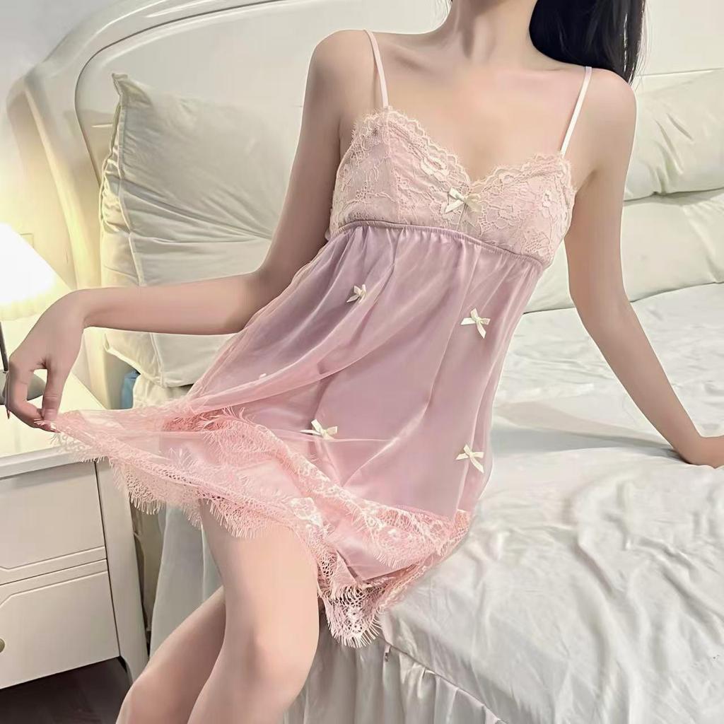 Ruotang Princess Style Pink Mesh Cami Nightgown with Chest Pad - Sweet & Sexy Summer Homewear for Women