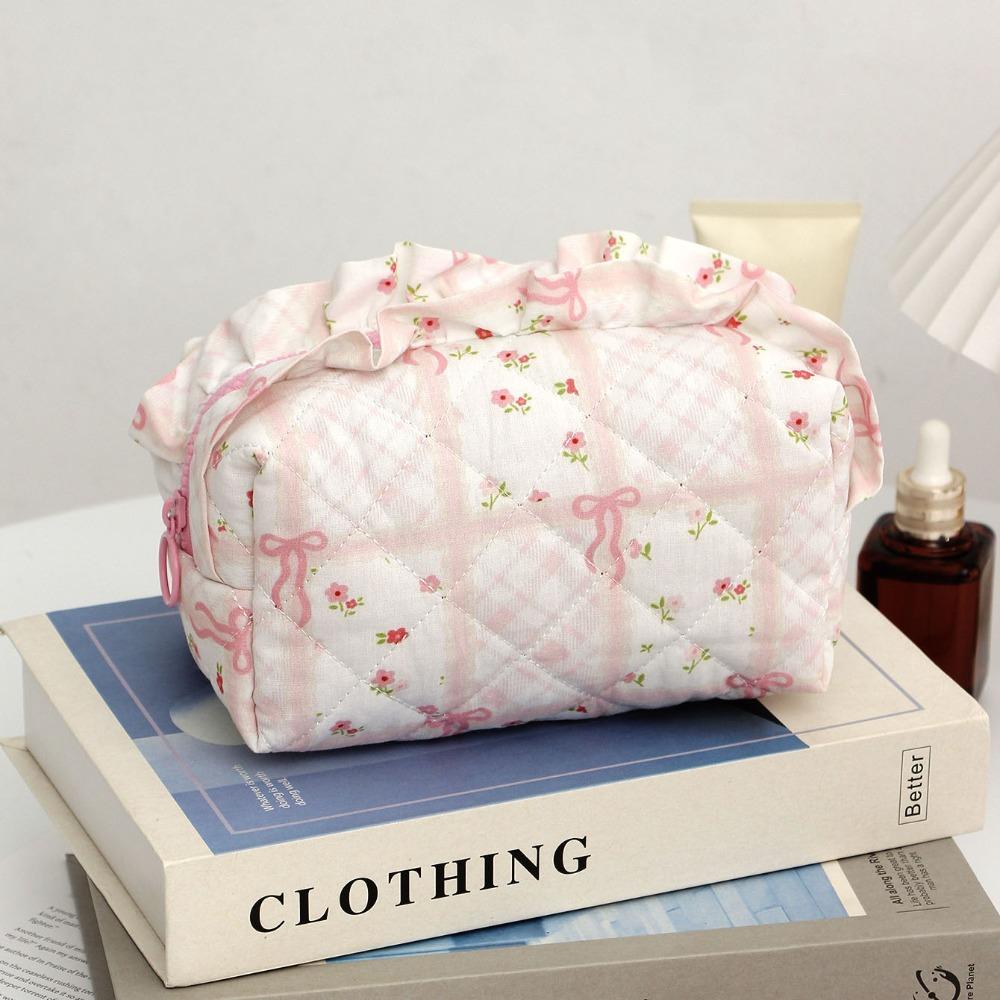 Portable Bow Quilted Cosmetic Bag Large Capacity Makeup Organizer Travel Toiletry Bag Zipper Lightweight Ruffles Storage Bag