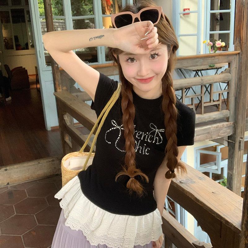 

Women s Slim Fit Black Lace T-Shirt with Bowknot and Hot Drill - Summer 2025 Collection S [Premium Version] чёрный