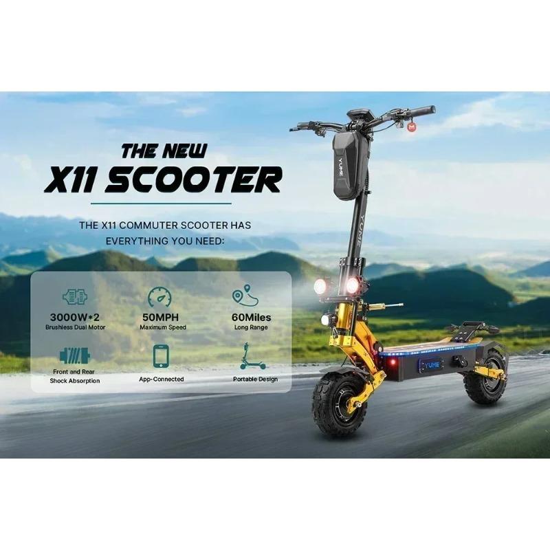 YUME X11+ EU Certifikovaná elektrická koloběžka, 6000W, Dva motory, 60V 27Ah Baterie, 11palcové pneumatiky, max. rychlost 95 km/h Tlumič řízení