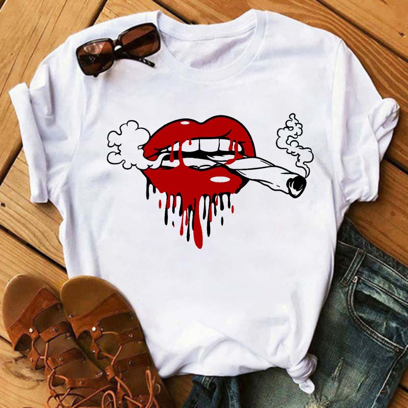 Růžové tričko s potiskem leopardích rtů Módní Dámské tričko Dámské Bílé a černé tričko Tričko s krátkým rukávem Dámské topy Harajuku