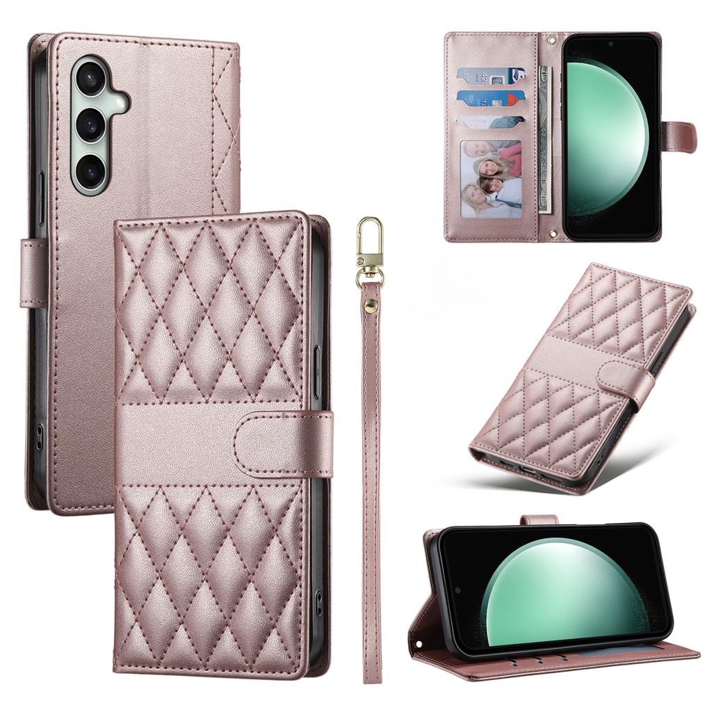 For Samsung Galaxy S25 FE Case Rhombus Stitching Wallet Stand Leather Phone Cover with Long/Short Strap