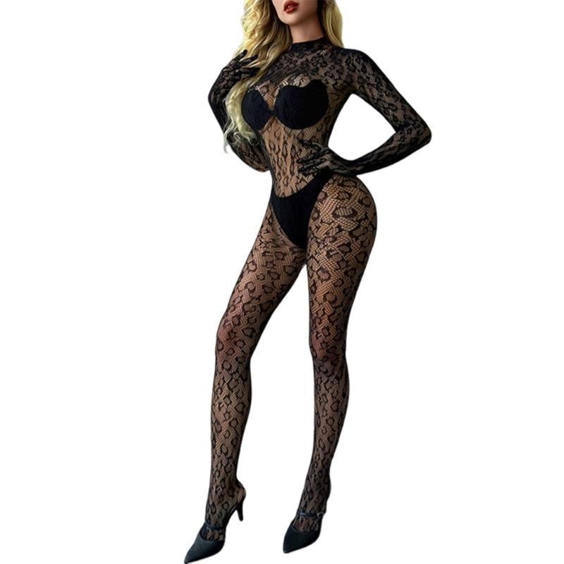 Women Leopard Fishnet Bodystocking Long Sleeve Bodysuit Sexy Hollow Out Mesh Tights Nightwear Erotic Lingerie Jumpsuit
