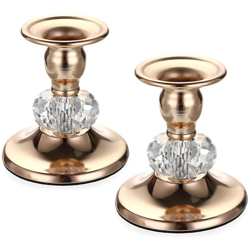 HHO-Crystal Candle Stands Elegant Candlestick 2PCS Gold Metal Taper Candlestick Holders Vintage Brass Taper Candle Holders