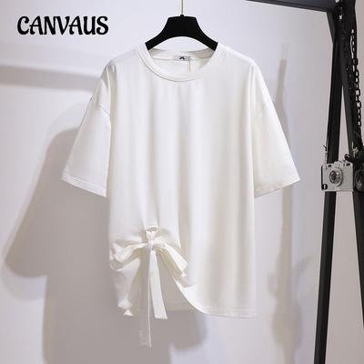 Plus Size Lace-up Women's T-shirt Summer Bow Tie Top Loose Casual