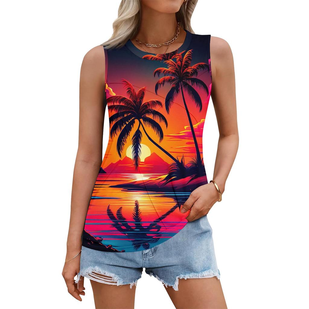 Women's Summer Vest Loose Pleated Round Neck Shirt Casual Sleeveless Top