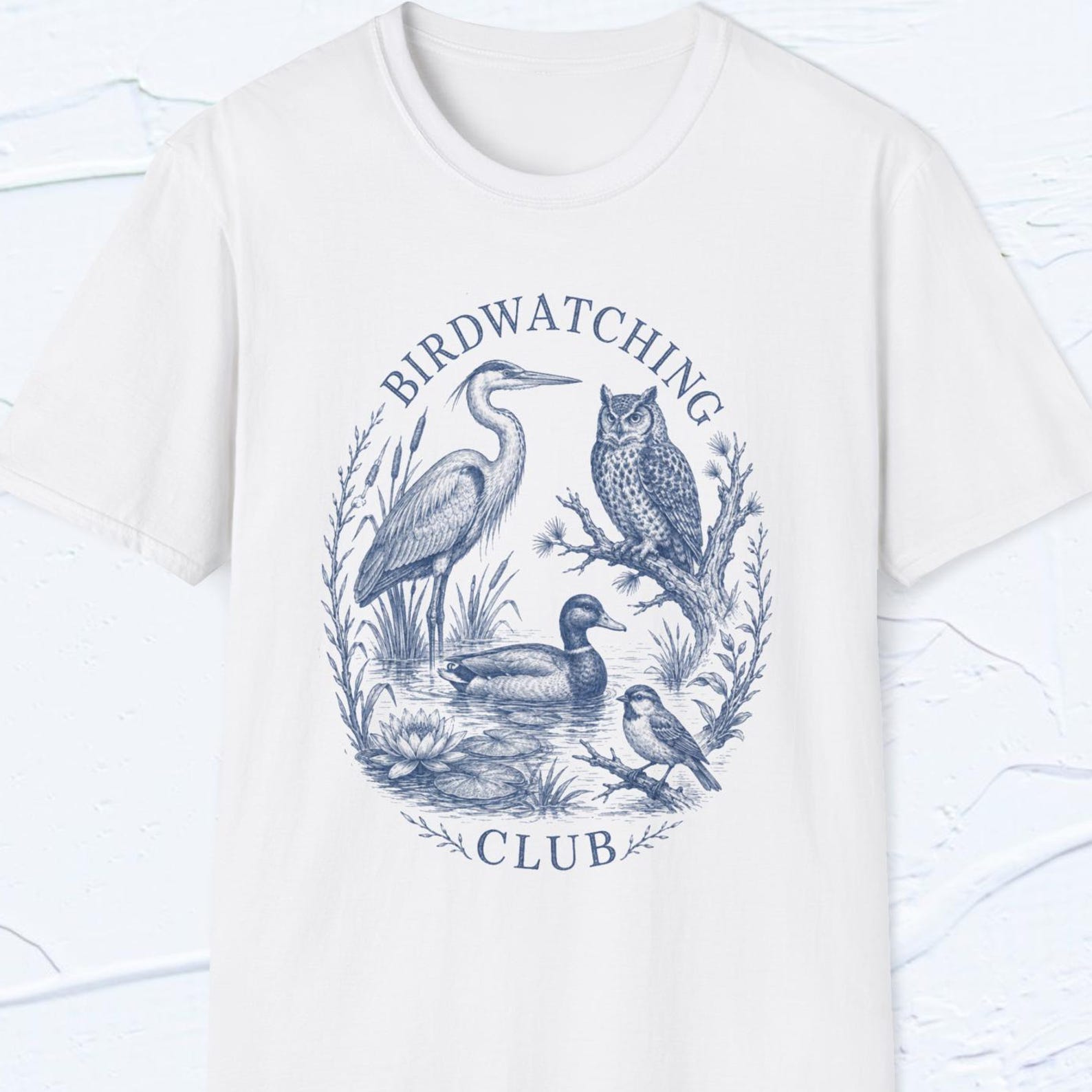 Birdwatching Club Shirt, Blue Bird Tee, Cute Heron Owl T shirt, Bird Lover Shirt, Nature Watcher Tee S