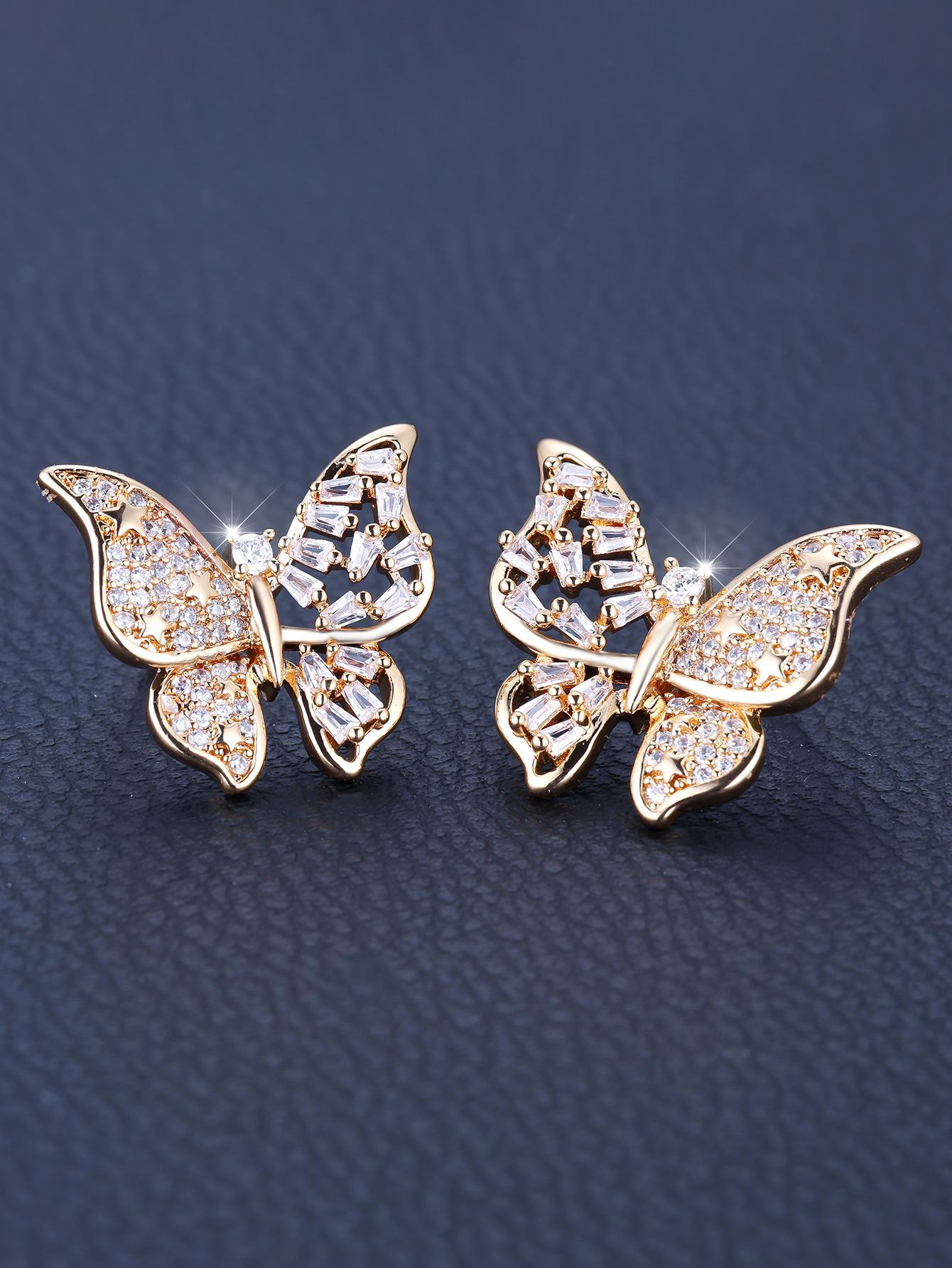Three-dimensional zircon full diamond butterfly earrings, Korean gentle wind versatile temperament earrings