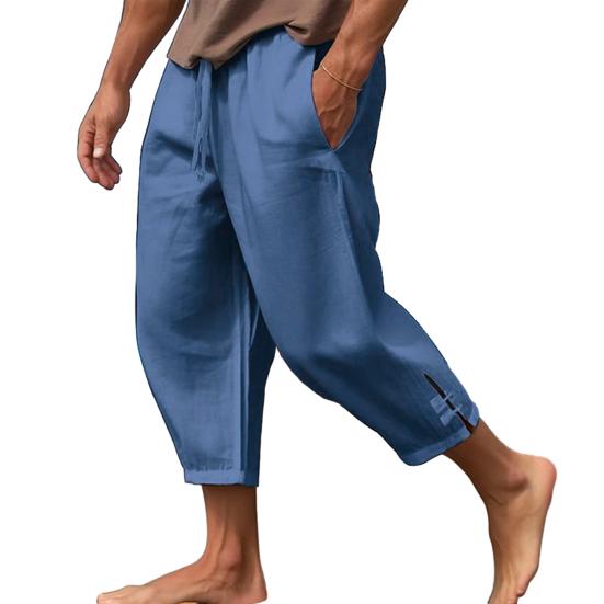 Men Cropped Pants Drawstring Elastic Waist Solid Color Loose Pockets Split Deep Crotch Soft Breathable Summer Vacation Beach Trousers