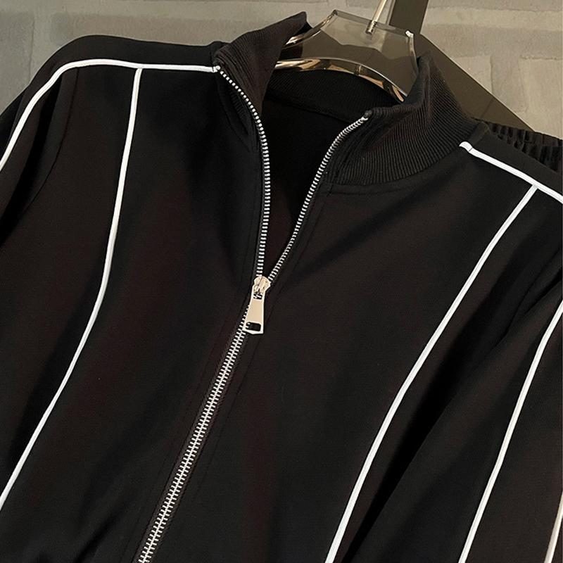 Sudadera Corta Casual a Rayas Traje Deportivo Mujer Otoño Sudadera con Cremallera Suelta Cordón Elástico Pantalones de Pierna Ancha Conjunto de Dos Piezas