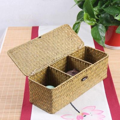 Caixa de Armazenamento de Vime Artesanal com 3 Compartimentos Cestas de Palha para Armazenamento de Conjunto de Chá de Mesa com Tampa Estojo de Armazenamento de Joias Vintage para Decoração