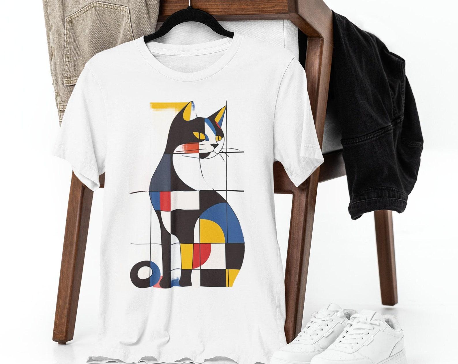 Mondrian Cat T-Shirt: Geometric Art, 100% Cotton, Unisex XL