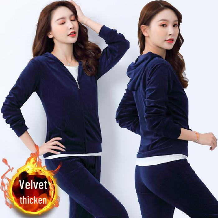 

Женский зимний спортивный костюм-двойка из золотого бархата: Стильный свитер и широкие брюки M темно-синий