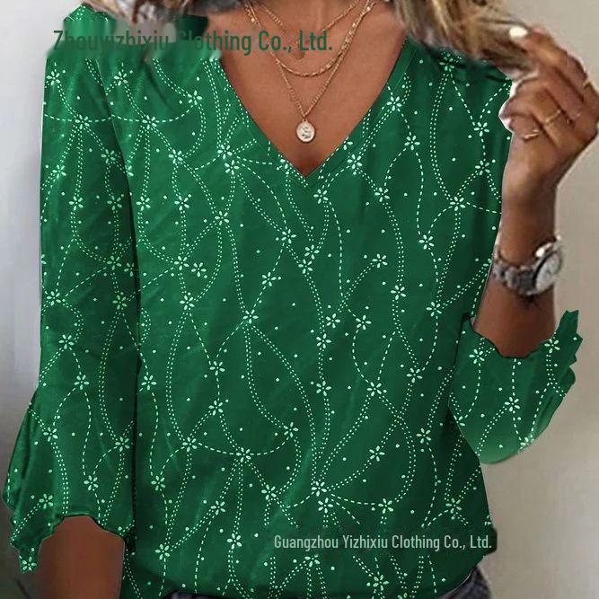 European and American Style V-Neck Knit Top with 3D Plant Pattern and Trumpet Sleeves