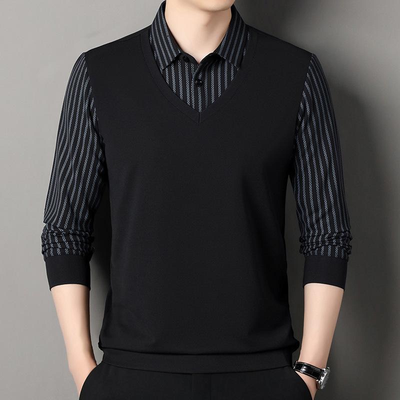 Fake Two-Piece Knitted Sweater Business Casual T-Shirt Loose Men'S Long-Sleeved Polo Shirt Base