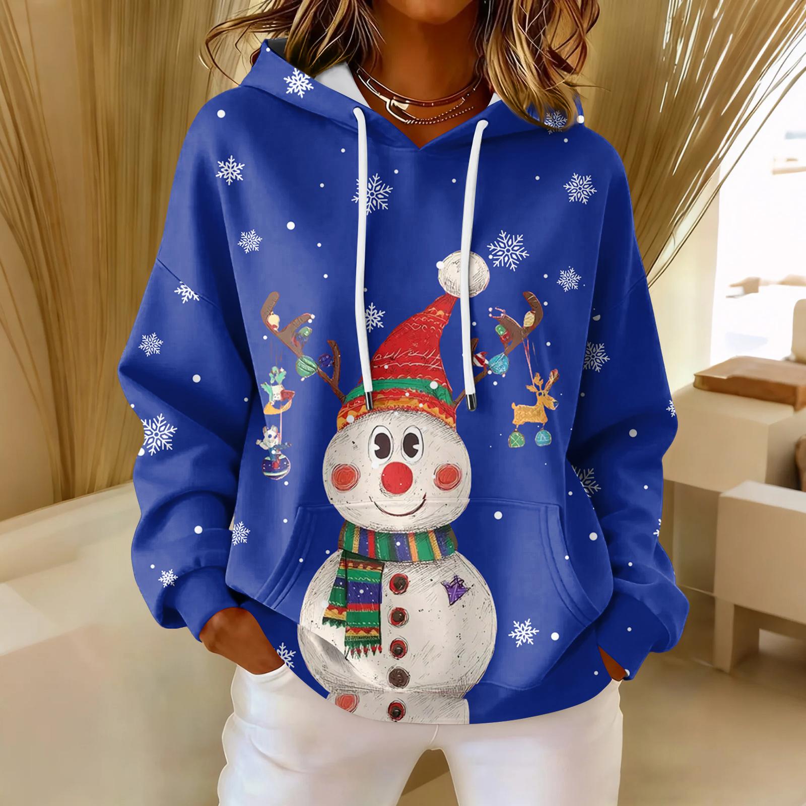 

Women s Loose Comfortable Casual Fashion V-Neck Christmas Print Long Sleeve Hoodie L синій
