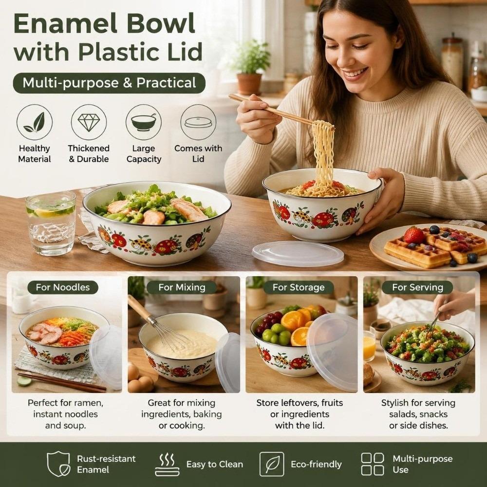 Floral Enamel Mixing Bowl Chinese Rose Print Instant Noodle Bowl Office Lunch
