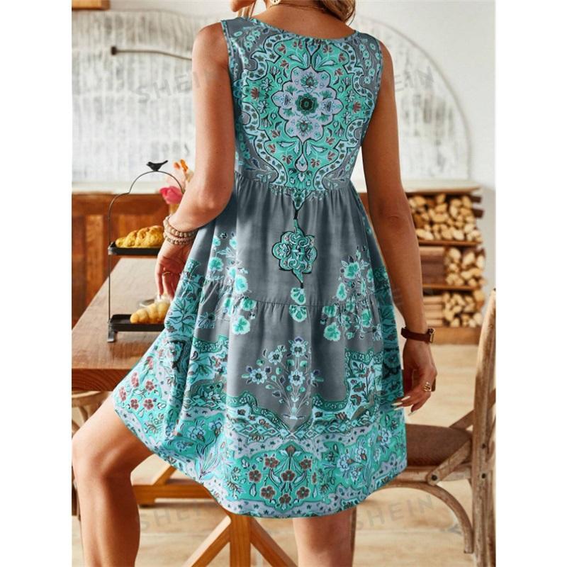 Printed Sleeveless V-neck Vest Skirt Fashion Vacation Printed Dress Women