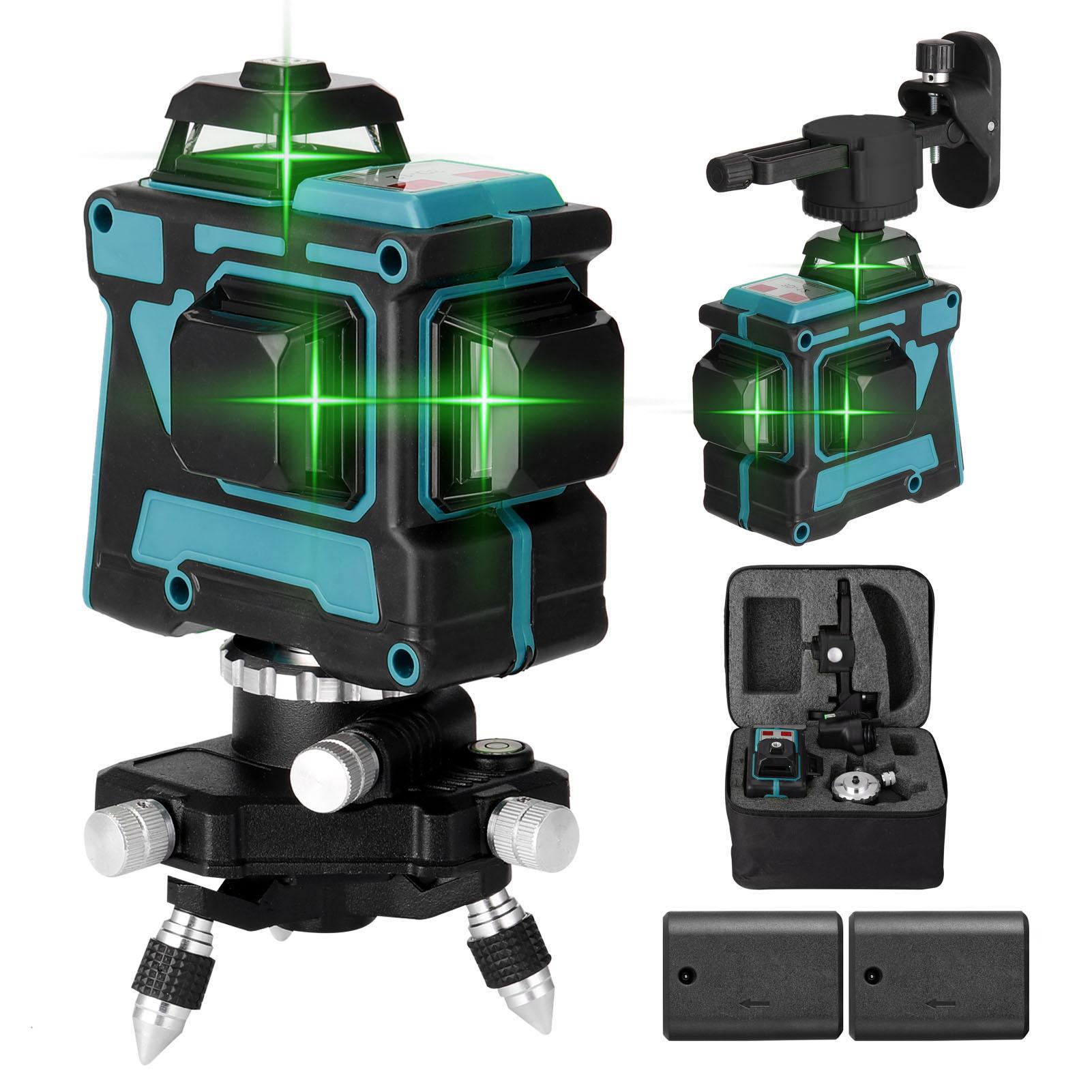 Livella Laser 3D A 12 Linee - Linee Orizzontali E Verticali, Autolivellante, Luce Verde, Portata 30m, Con Custodia