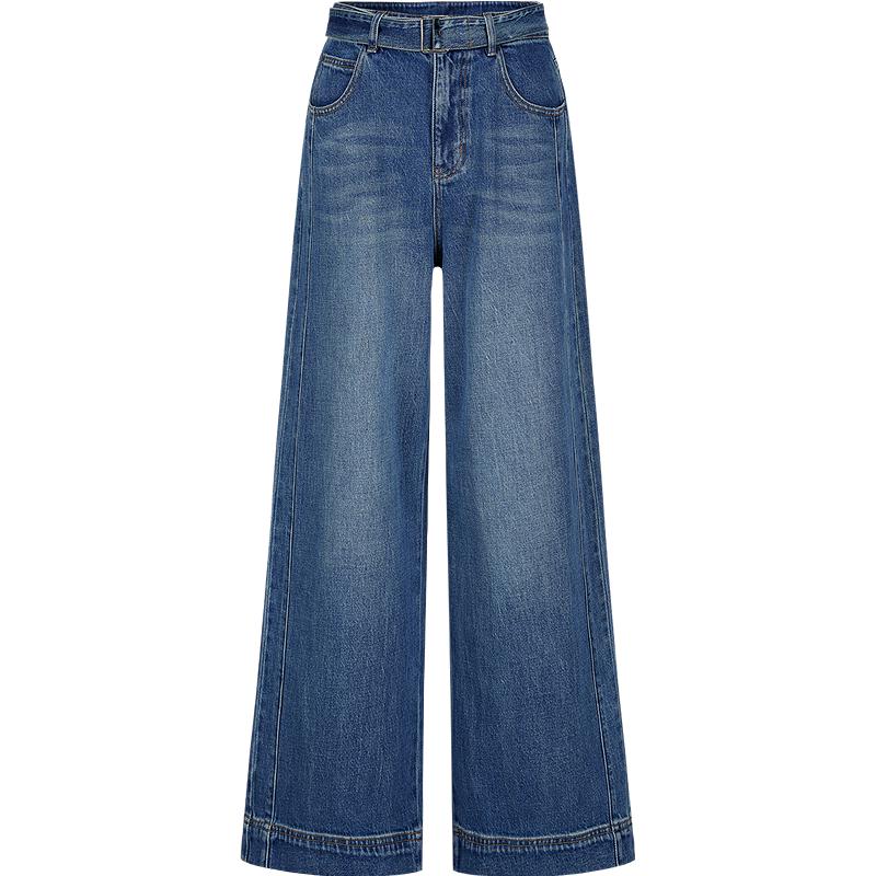

Annacoco Women s Retro Belted Loose Wide-Leg Denim Jeans L